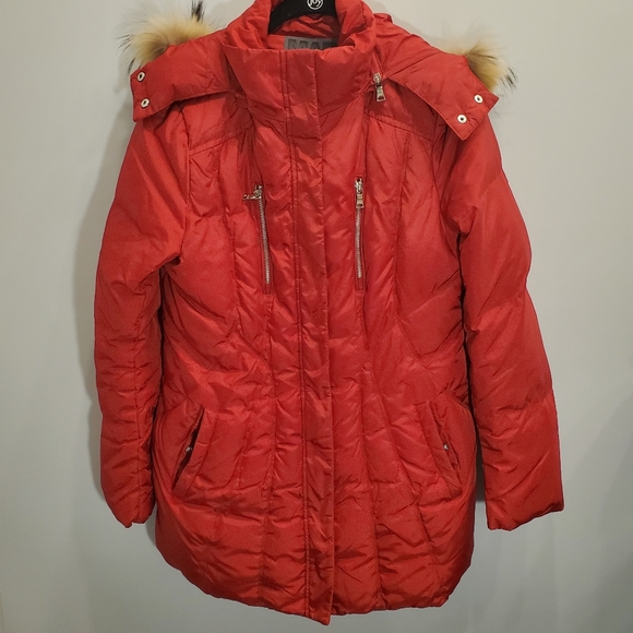 Marc New York Red Down Feather Puffer Coat Fur Lined Hood Size M - Picture 2 of 6